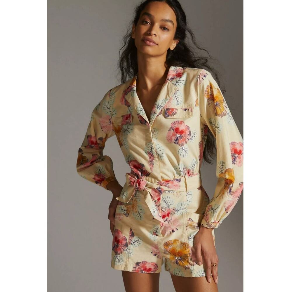 Anthropologie Cecilia Pettersson Tan Floral Romper Women's Size Small